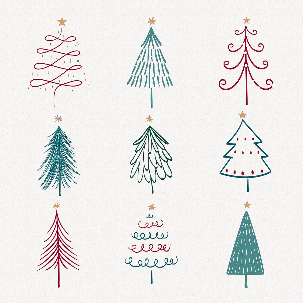 Christmas doodle sticker, cute tree and animal illustration in red and green vector set