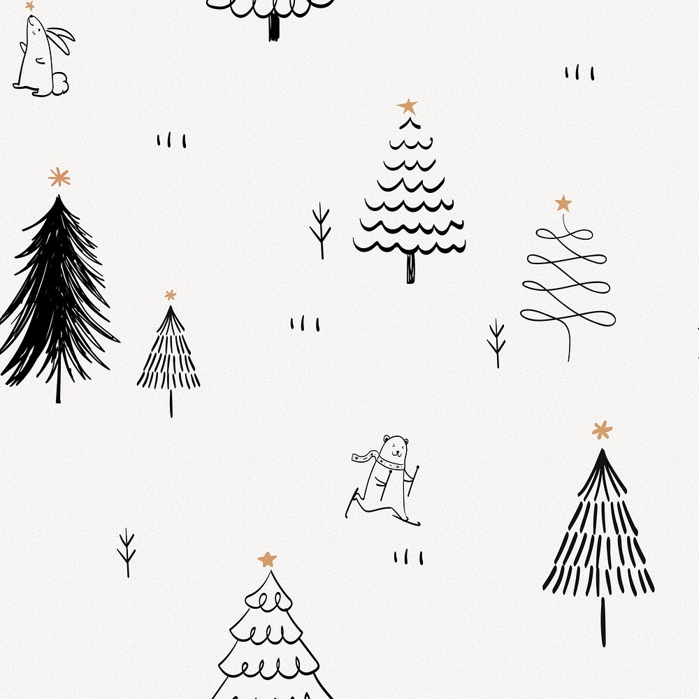 Christmas doodle background, cute polar bear animal pattern in black vector