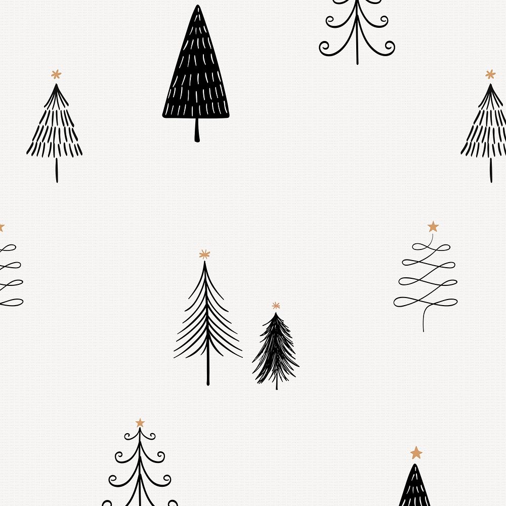 Christmas tree pattern background, cute festive doodle in black vector