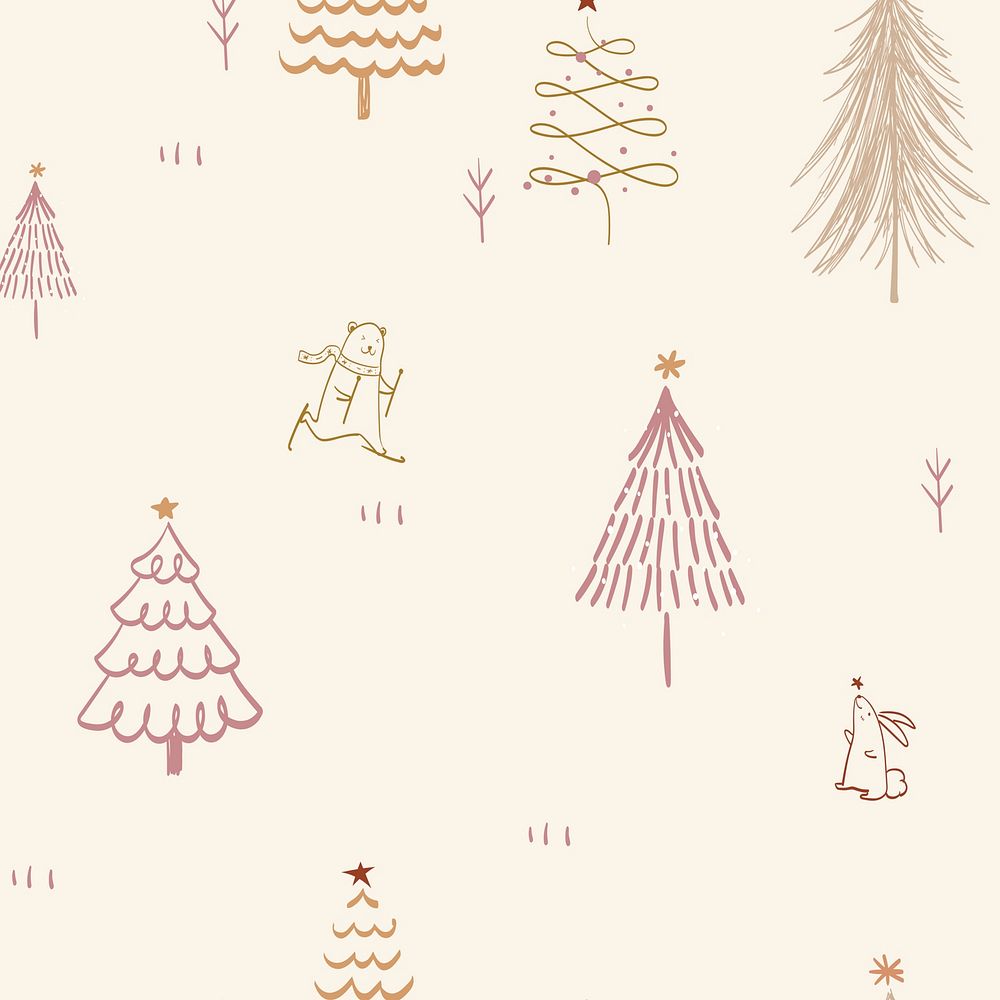 Christmas tree pattern background, cute festive doodle in cream color
