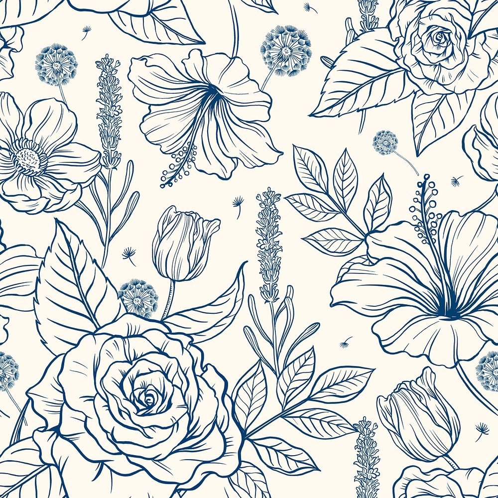 Vintage rose pattern background, blue botanical illustration