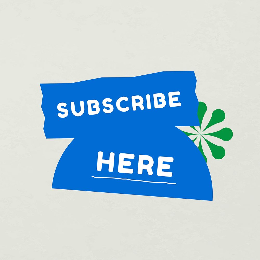 Blue shape sticker, abstract geometric, subscribe here text, vector