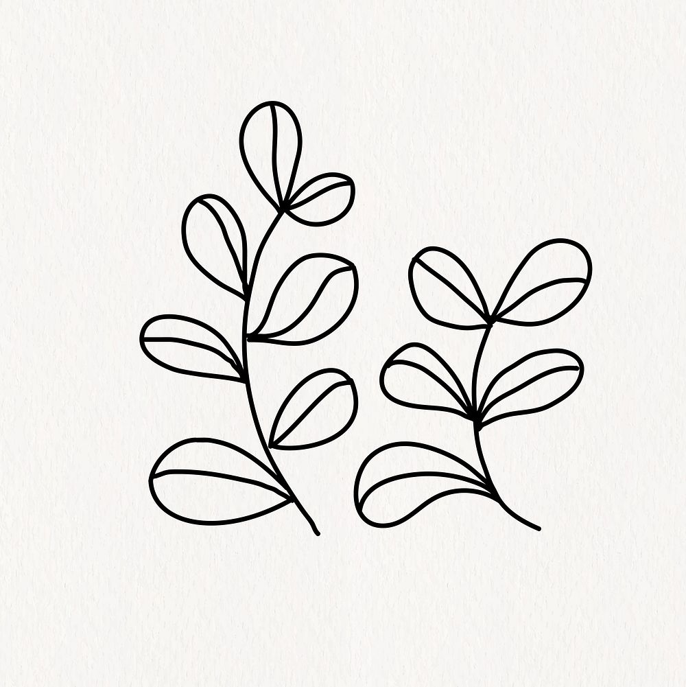 Two leaves branches, doodle line art illustration, black and white design