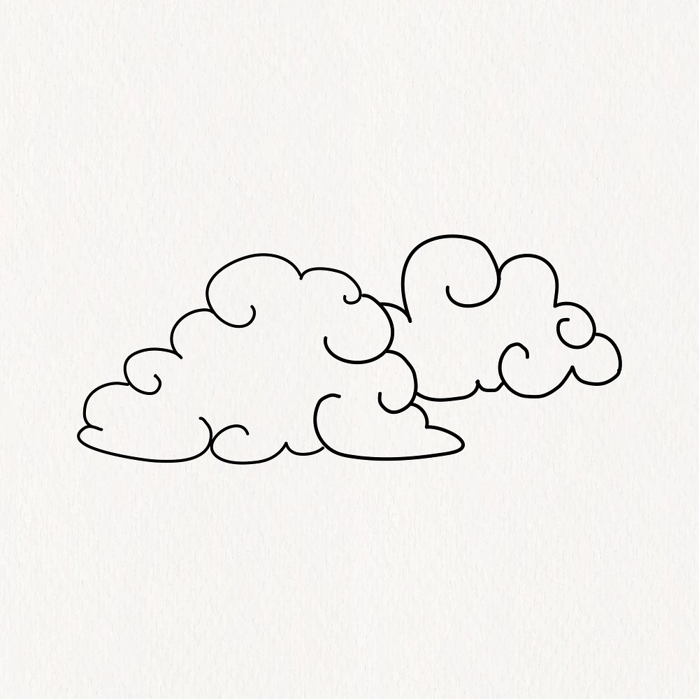 Fluffy clouds, curly line design collage element vector, black and white