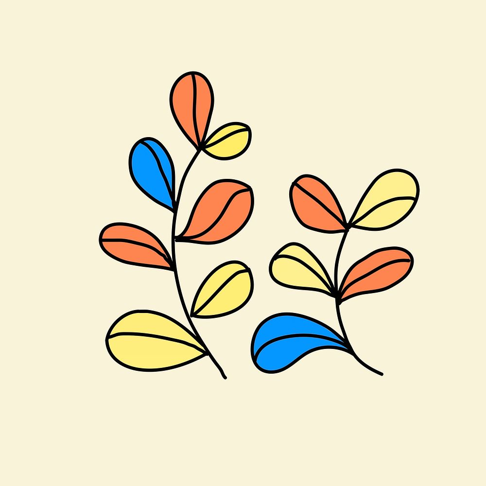 Two leaves branches, colorful doodle illustration psd