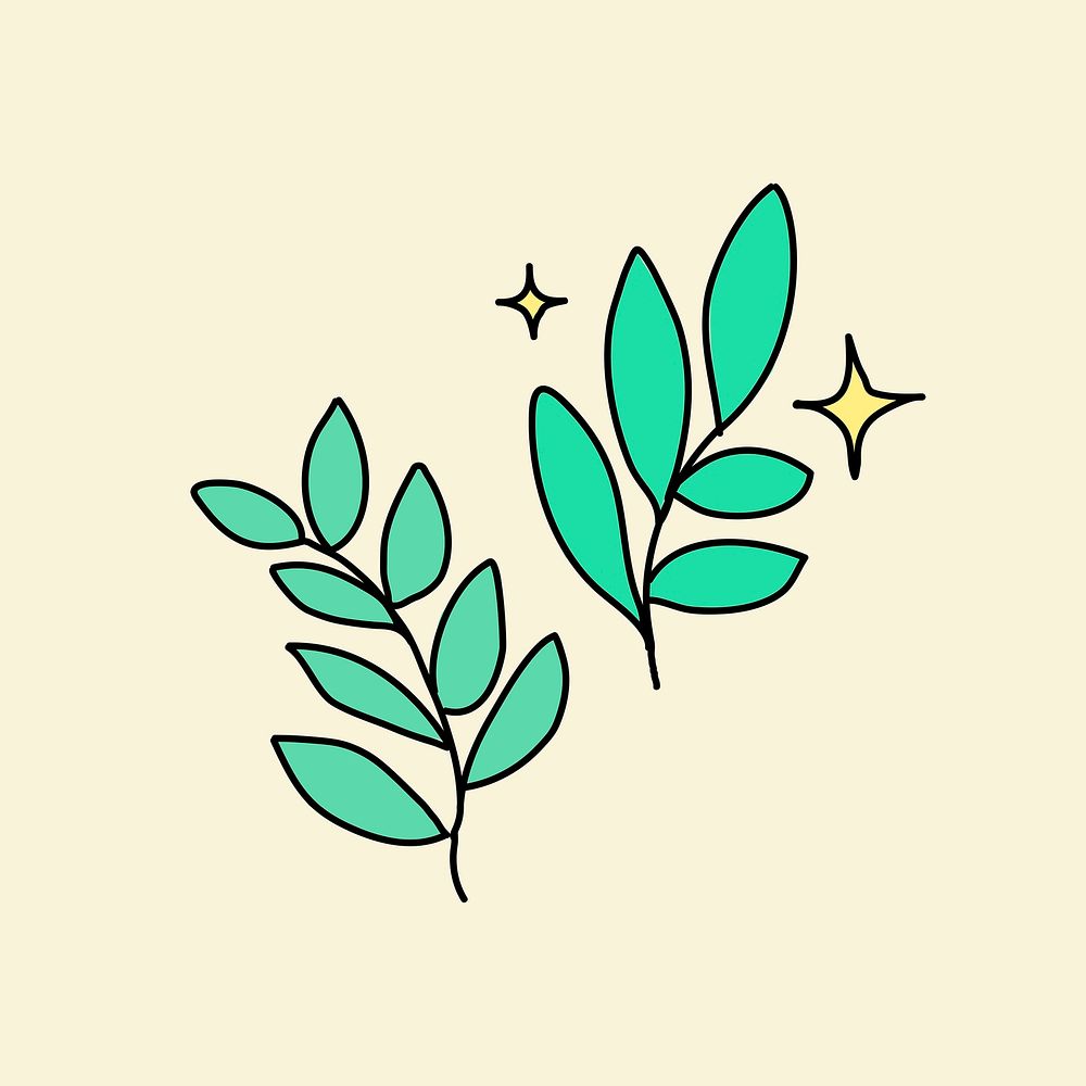 Cute doodle green leaves, botanical collage element psd