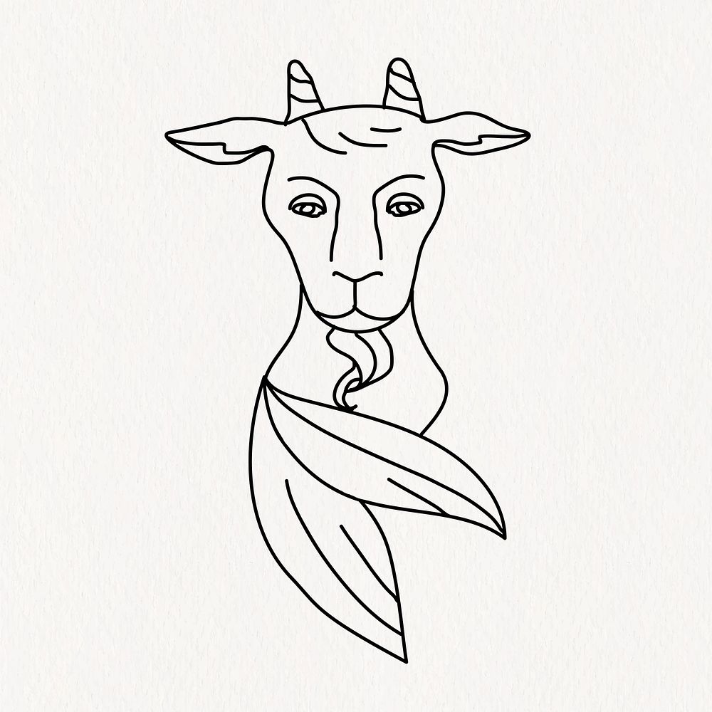 Capricorn animal horoscope doodle line art vector, black and white