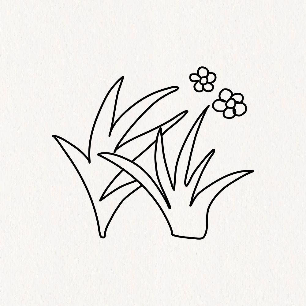 Doodle grass & flowers, minimal collage element psd