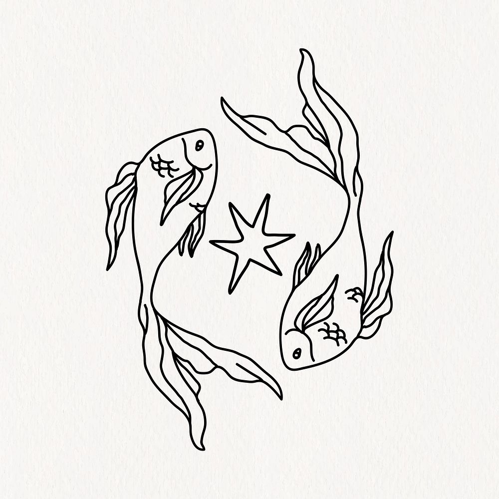 Pisces zodiac sign, doodle design line art illustration vector, black and white design