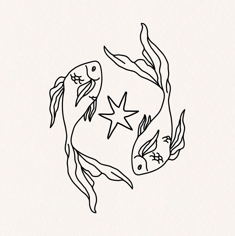 Pisces zodiac sign, fish doodle design line art illustration psd