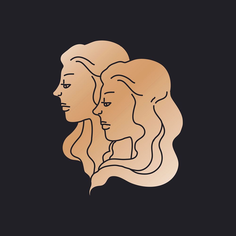 Gemini zodiac, gold doodle design collage element psd