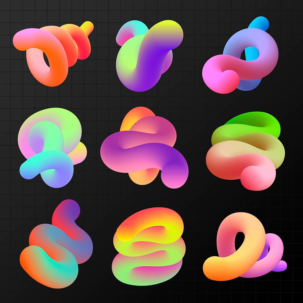 Abstract 3D fluid shape clipart, colorful gradient design vector set