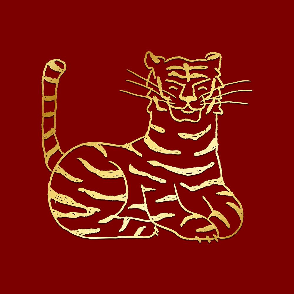 Chinese zodiac tiger doodle sticker, gold cute design psd
