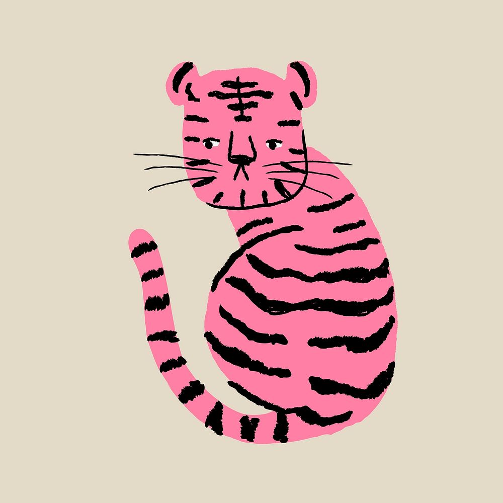 Tiger doodle sticker, pink animal in retro design psd