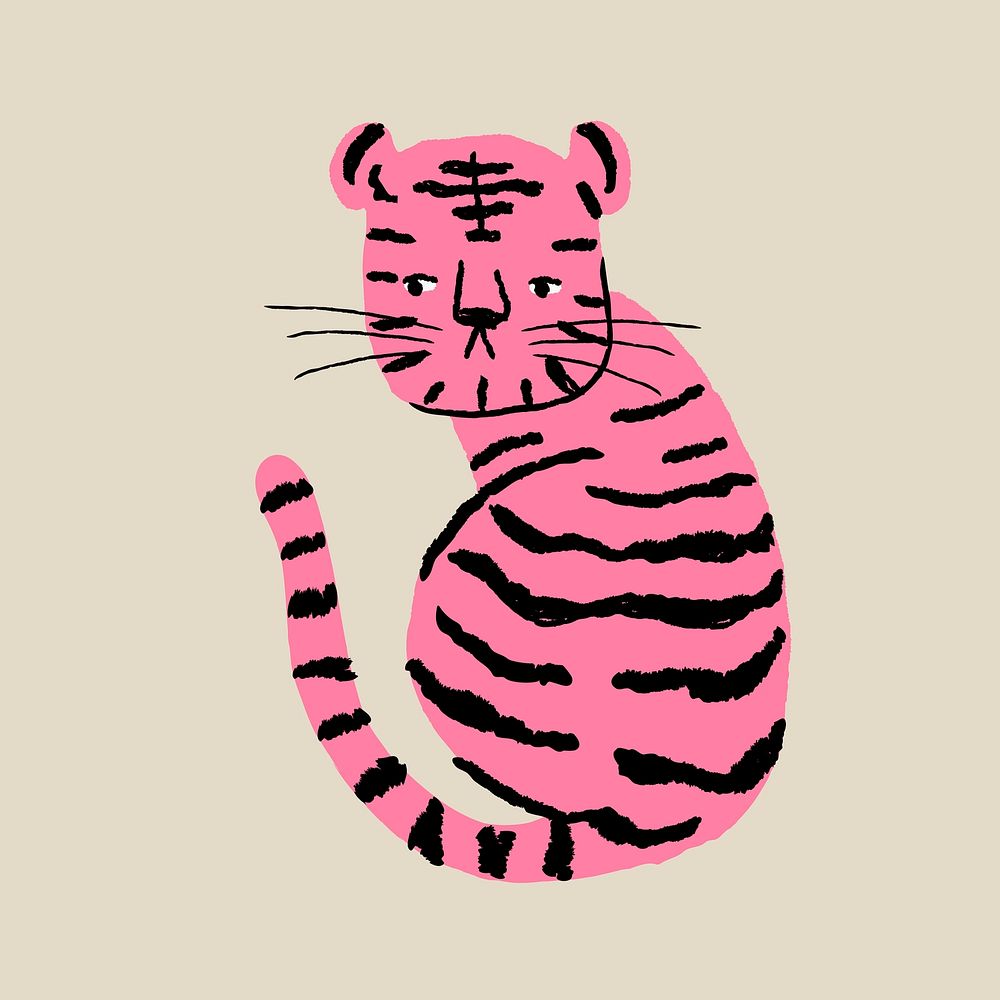 Tiger doodle clipart, pink animal in retro design