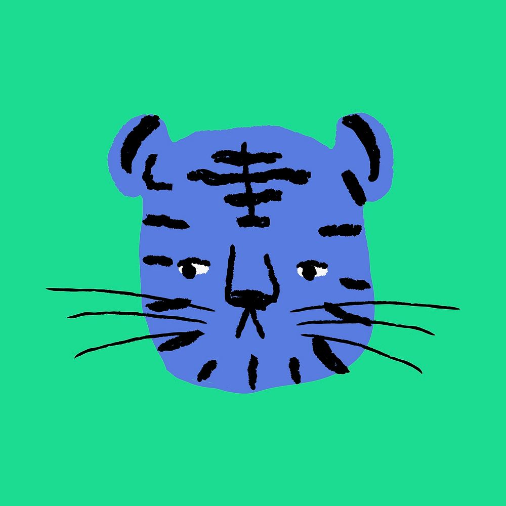 Tiger doodle clipart, blue animal in retro design