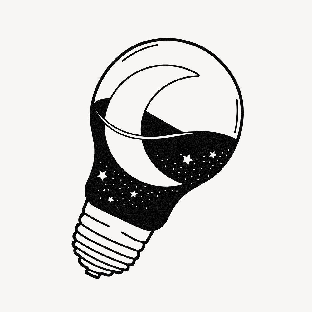 Celestial light bulb clipart, black and white illustration vector