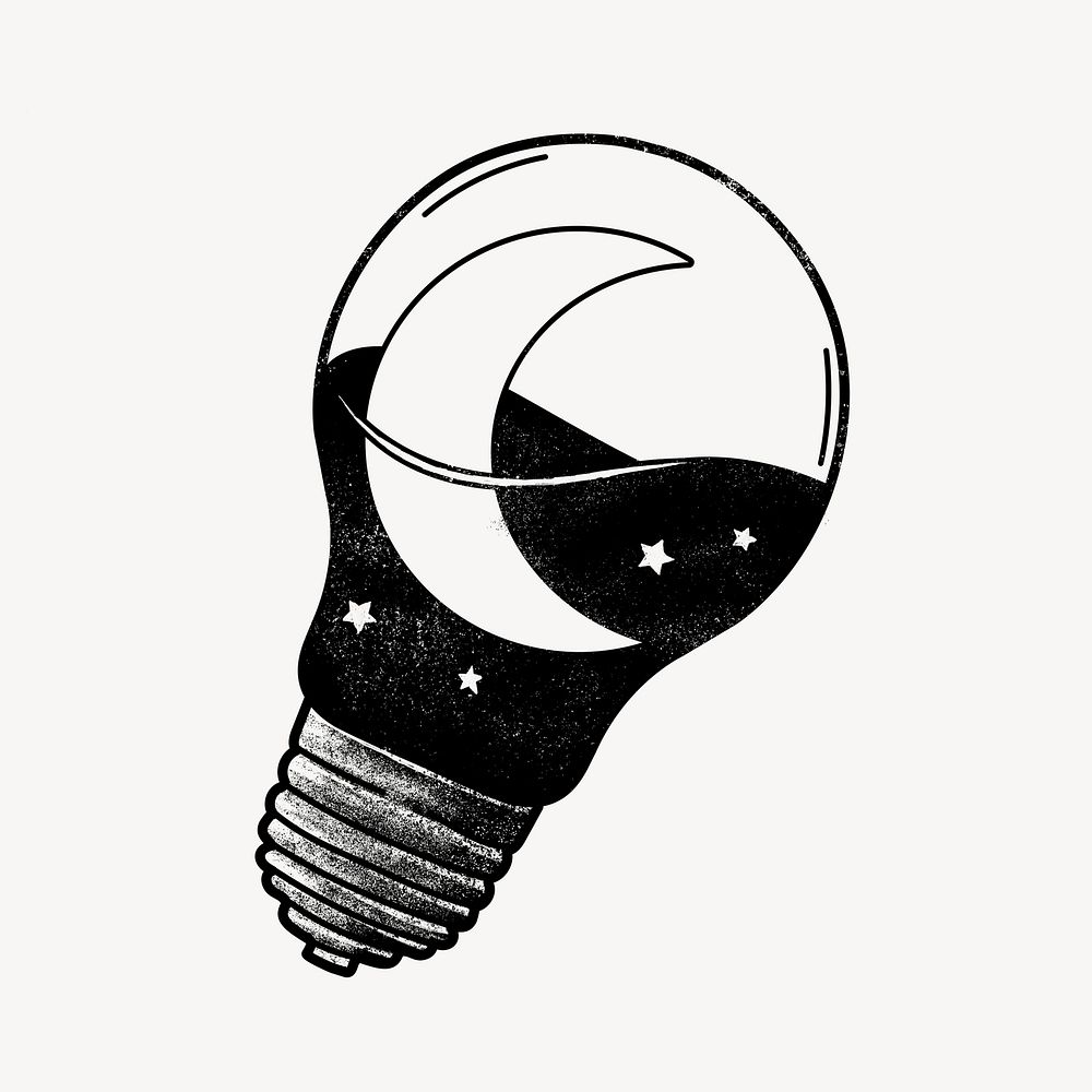 Celestial light bulb collage element, black and white illustration psd