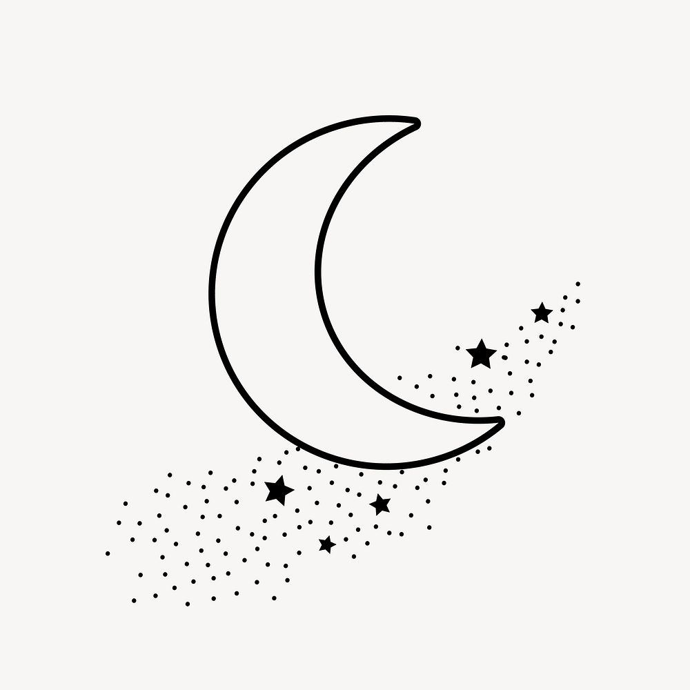 Crescent moon collage element, black and white illustration psd