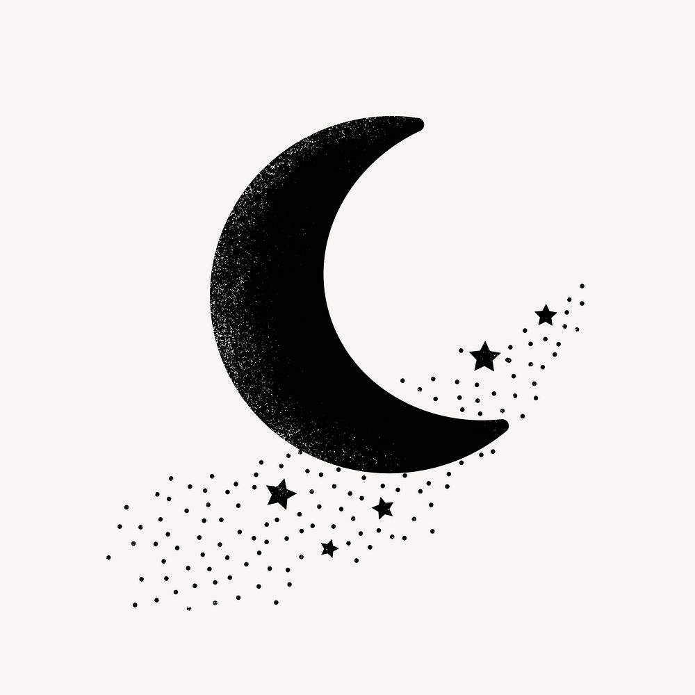 Black crescent moon collage element, night sky illustration psd