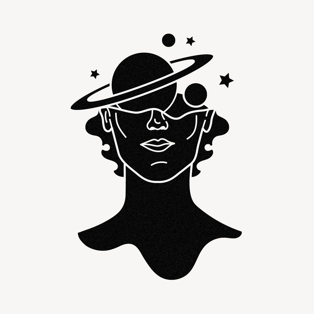 Surreal head clipart, black Saturn illustration vector