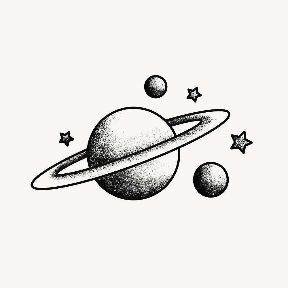 Saturn drawing, black and white illustration psd