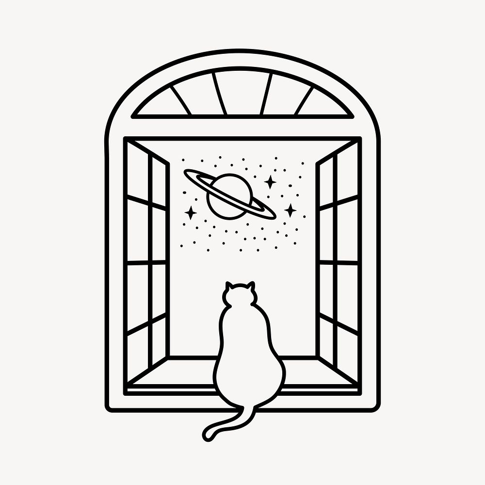 Cat doodle clipart, galaxy window illustration vector
