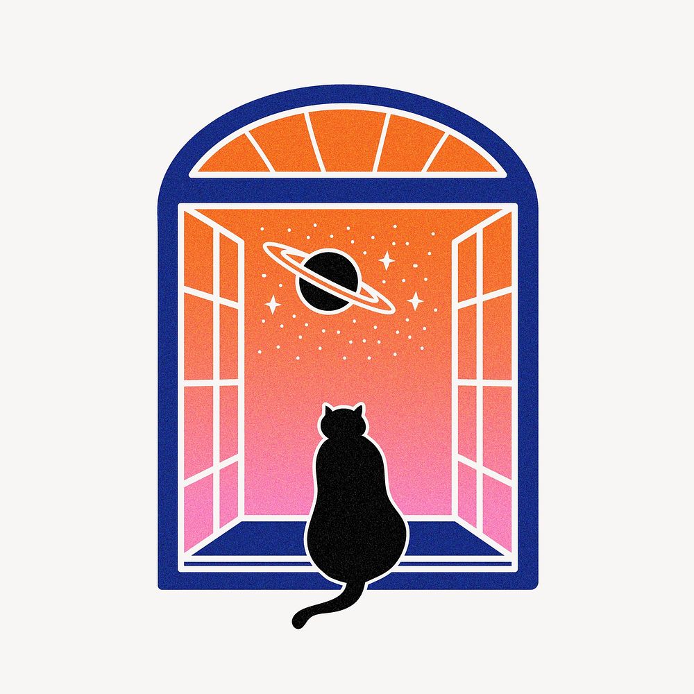 Black cat clipart, galaxy window illustration vector