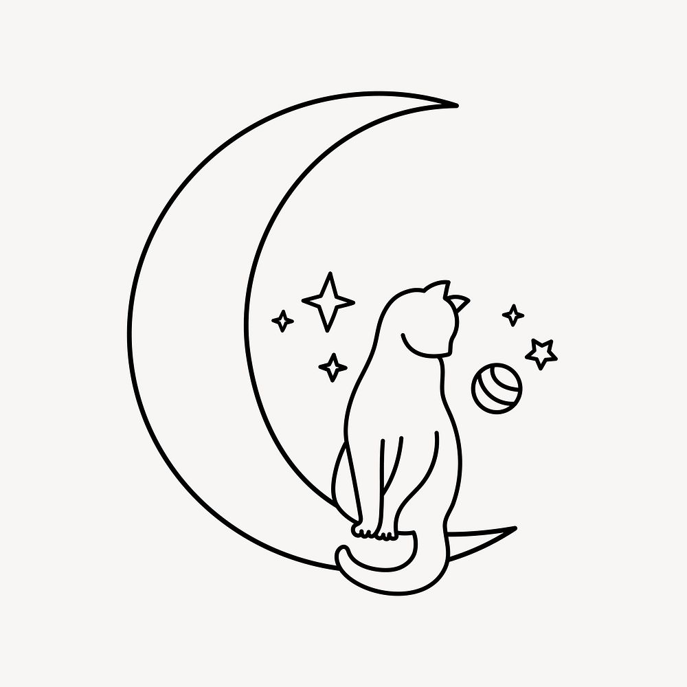 Moon cat clipart, doodle illustration vector