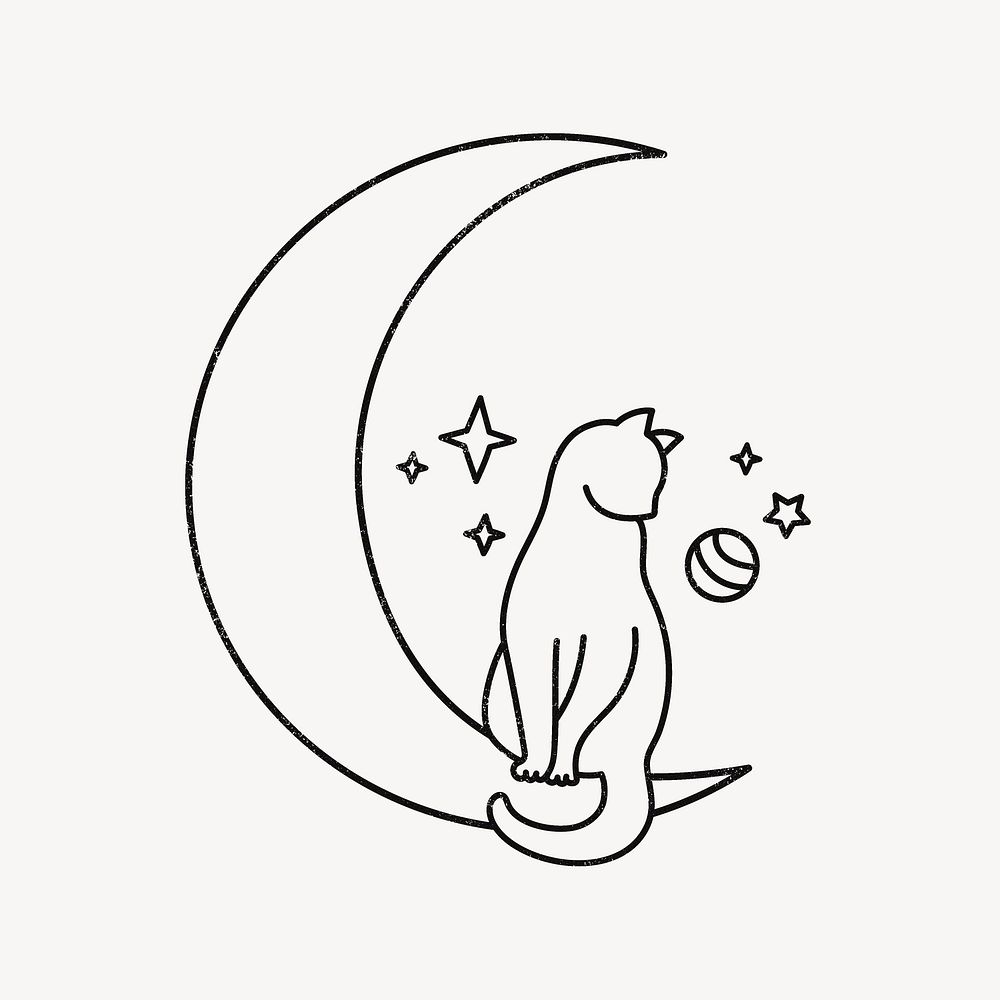Moon cat collage element, doodle illustration psd