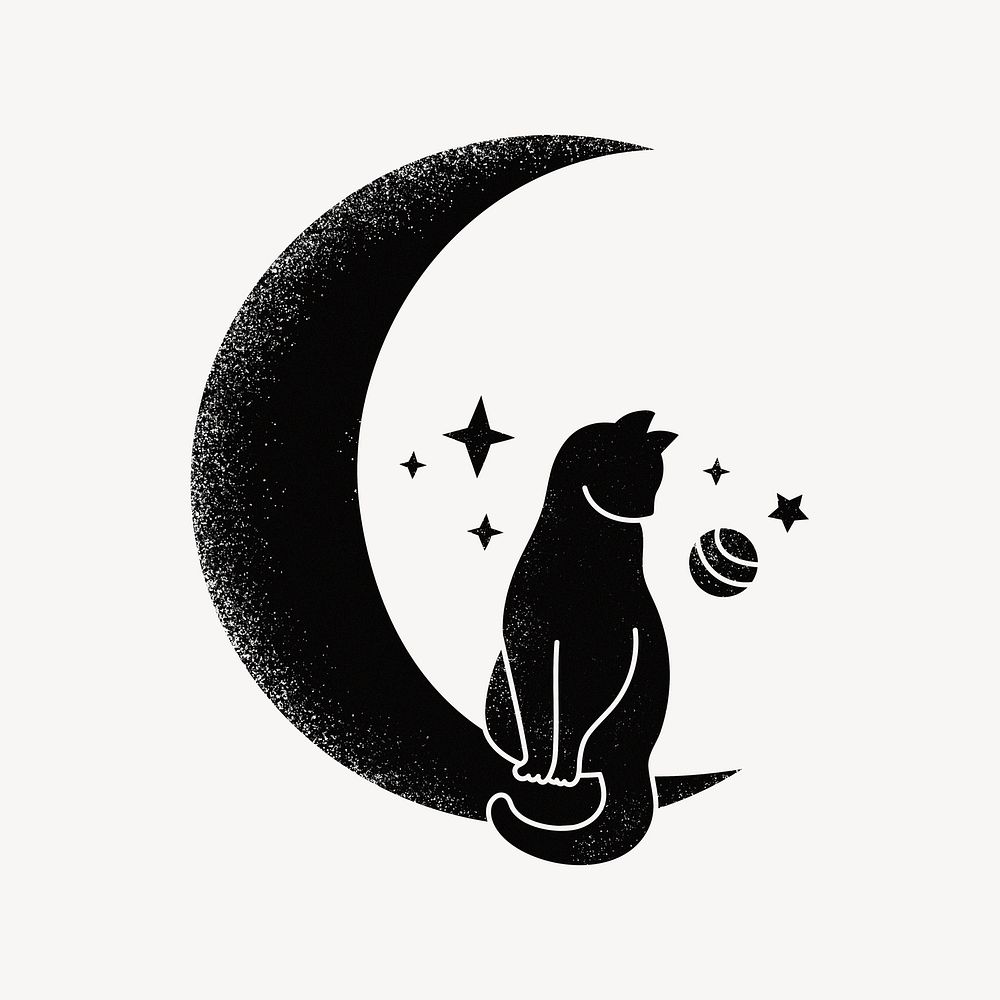 Black moon collage element, cat illustration psd