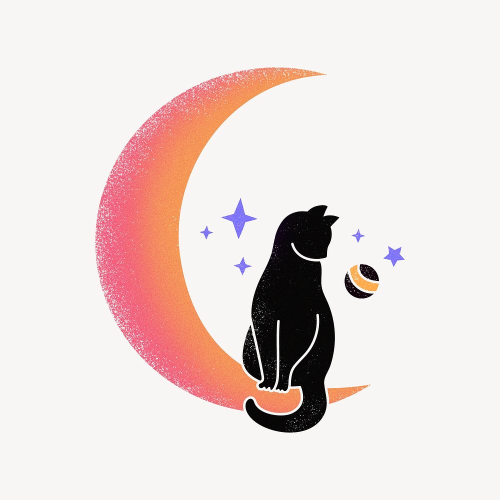Gradient moon cat collage element, bling illustration psd