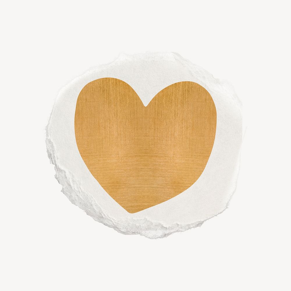 Golden heart sticker, Valentine's celebration ripped paper collage element psd