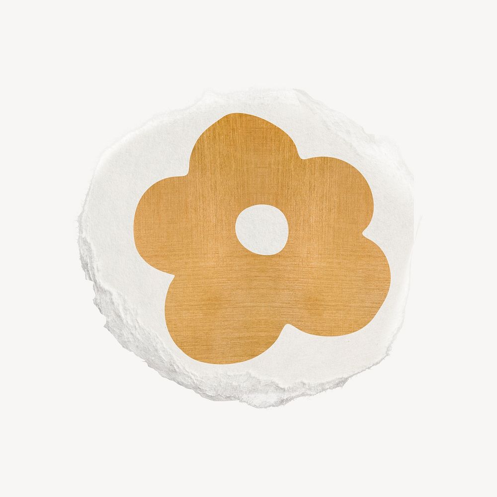 Gold flower sticker, ripped paper, journal collage element psd