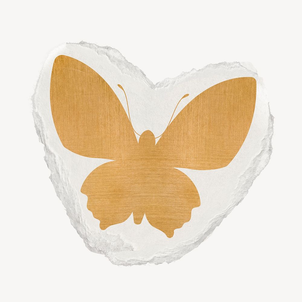 Gold butterfly sticker, ripped paper journal element psd