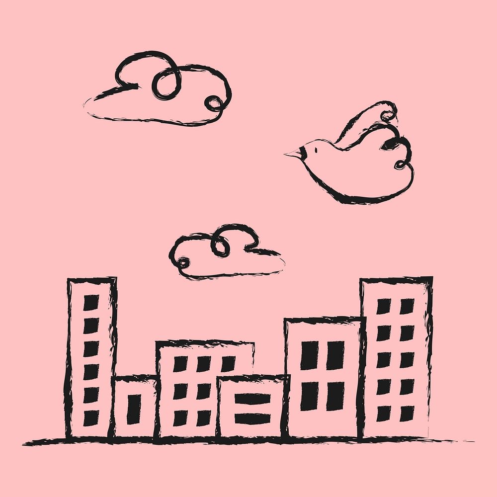 Office buildings sticker, cityscape doodle in black vector