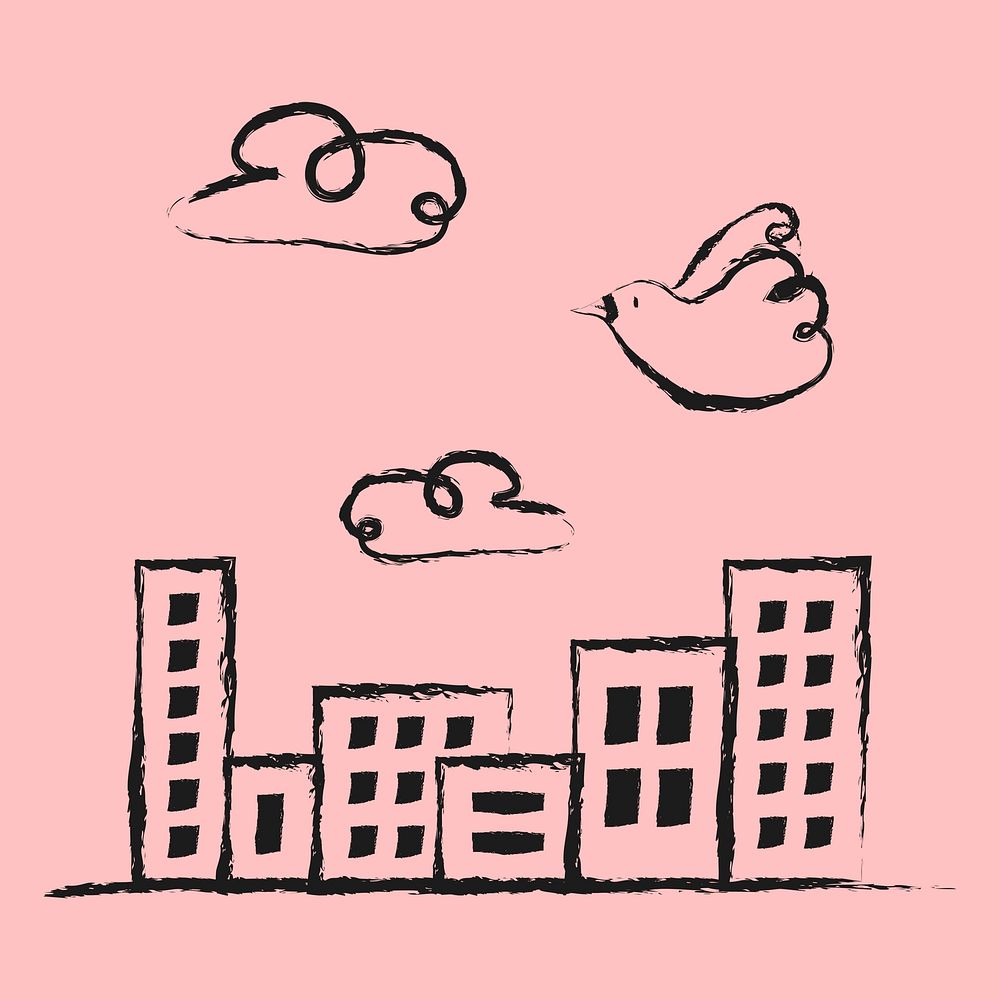 Office buildings sticker, cityscape doodle in black psd