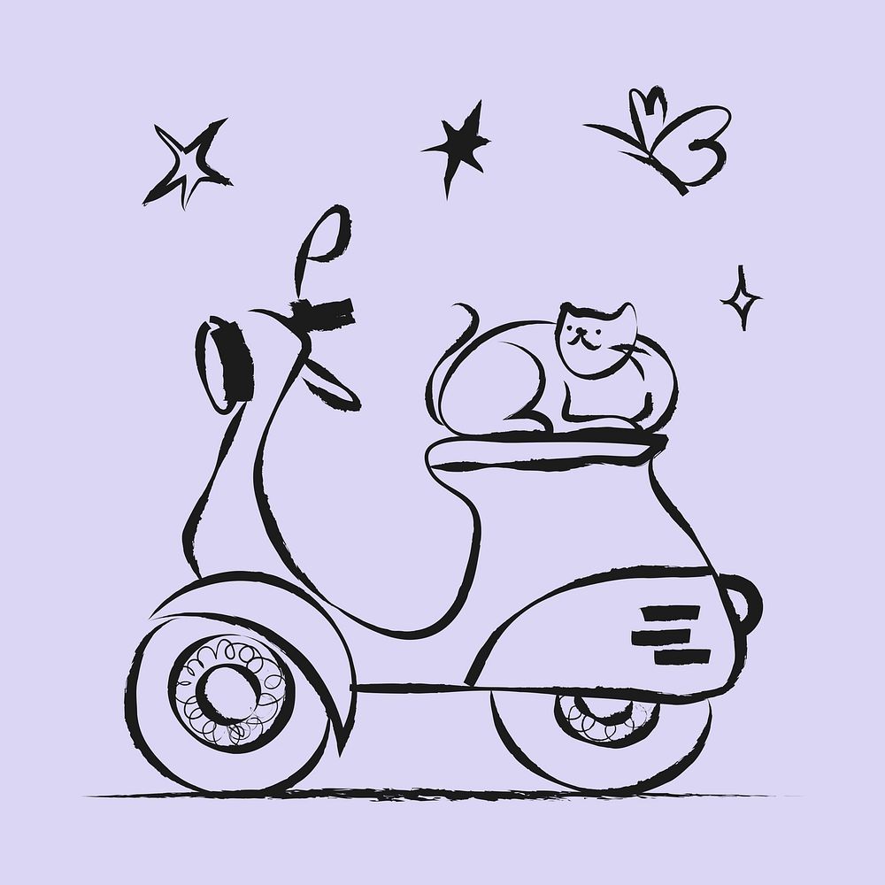 Motorcycle scooter sticker, vehicle doodle in black vector
