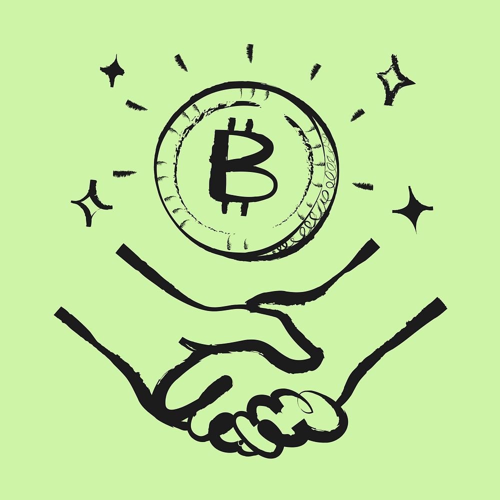 Handshake sticker, finance doodle in black vector