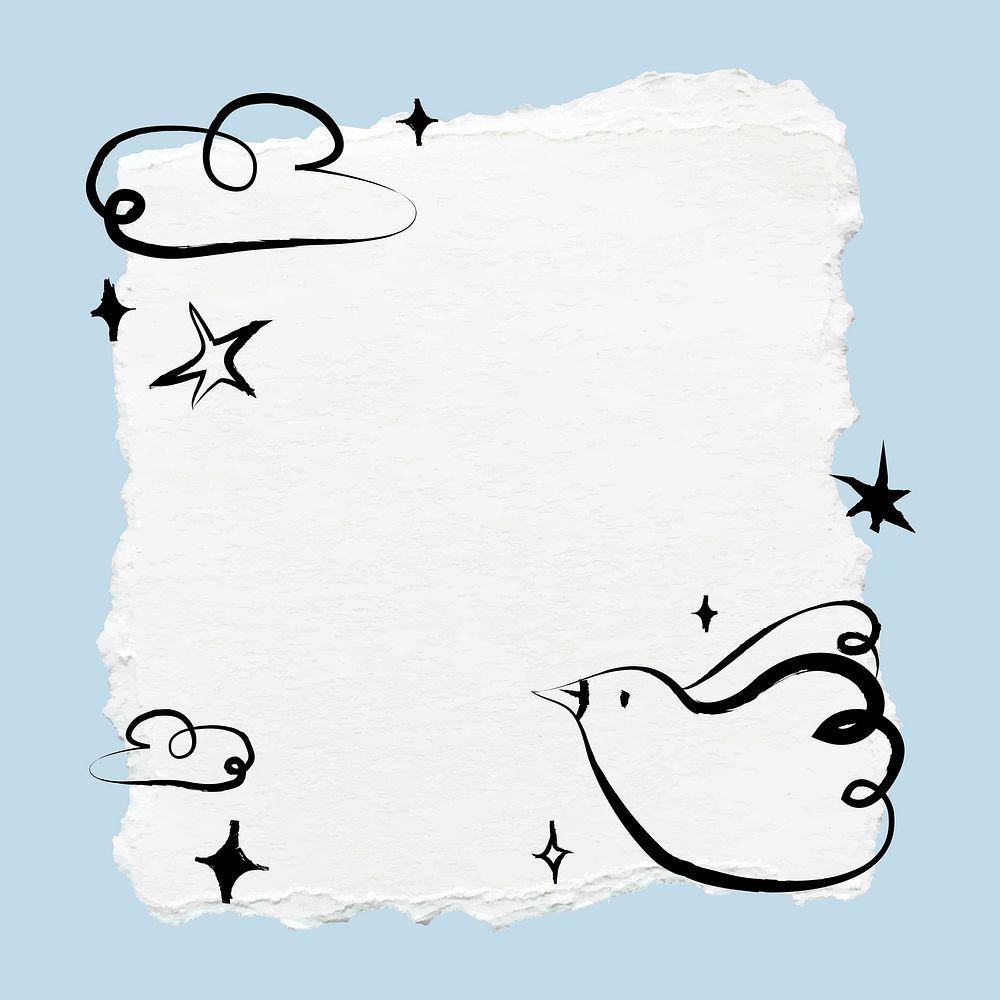 Blue bird doodle frame, ripped paper design vector
