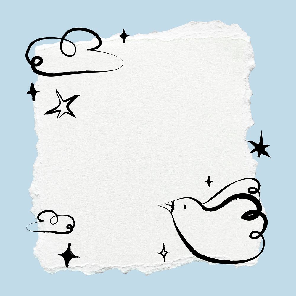 Blue bird doodle frame, ripped paper design psd