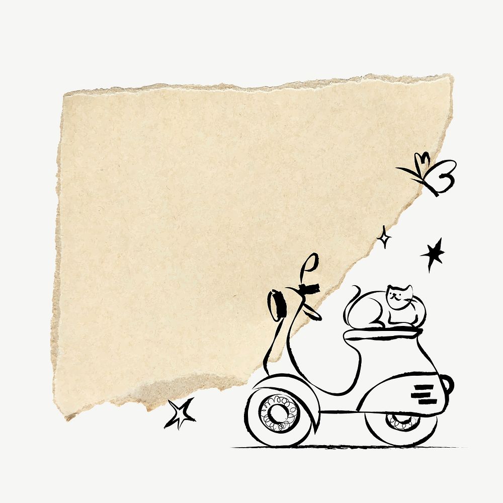 Motorcycle doodle, ripped paper frame vector