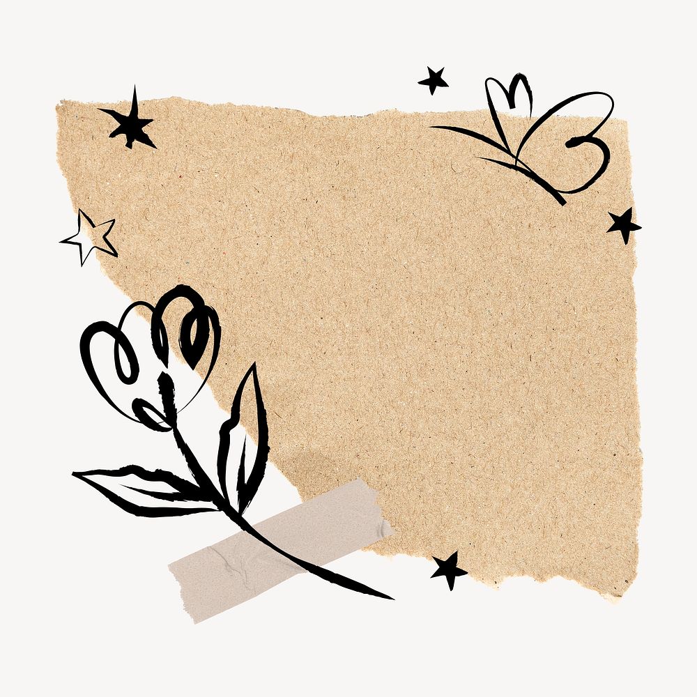 Aesthetic ripped paper frame, flower doodle psd