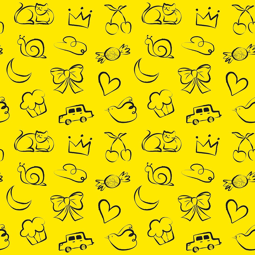 Yellow doodle pattern background, cute illustrations psd