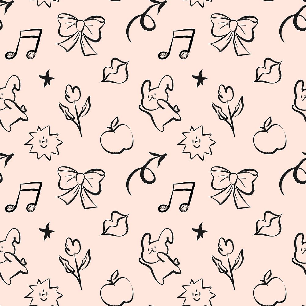 Aesthetic doodle pattern background, bunny illustration