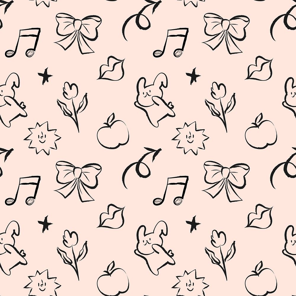 Aesthetic doodle pattern background, bunny illustration vector