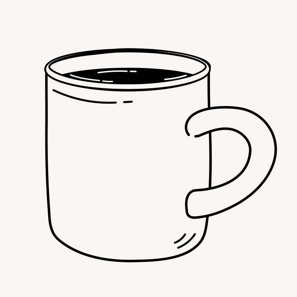 Coffee mug doodle clipart, cute black & white illustration psd