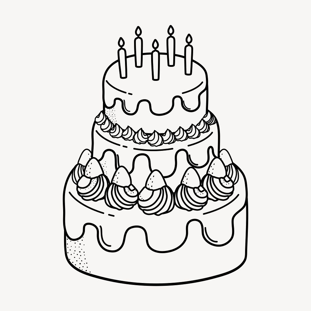Cake doodle clipart, cute black & white illustration psd