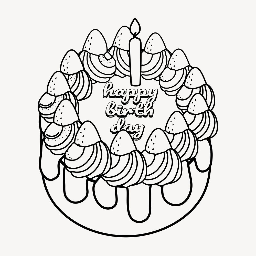 Birthday cake doodle clipart, cute black & white illustration psd