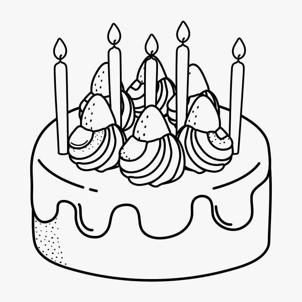 Birthday cake doodle clipart, cute black & white illustration psd